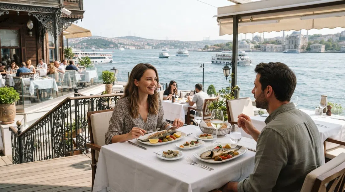 Sur Balık Arnavutköy in a restored Ottoman mansion on the Bosphorus, white-tablecloth terrace with sea bass dishes and the strait sliding past outside