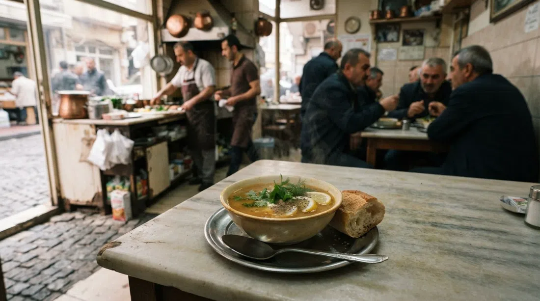 a plate of balık çorbası at Adem Baba, simple fish soup served in a no-frills seafood room with daylight from the street