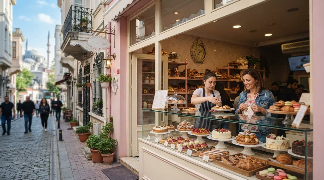 the pastel facade and pastry counter of Cutie Cake on Teyyareci Suphi Sokak, Saint-Honoré cakes and French-style pastries in a boutique display