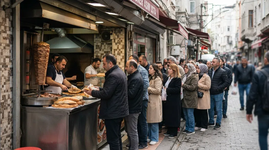 a lunchtime queue outside Karadeniz Döner Asım Usta on Köyiçi Caddesi, the narrow storefront busy with locals and döner being wrapped in home-baked pide