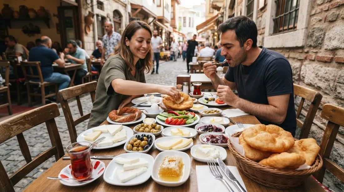 a serpme kahvaltı table at Çakmak Kahvaltı Salonu on Çelebi Oğlu Sokak, crowded with cheeses, olives, honey, jams and warm pişi