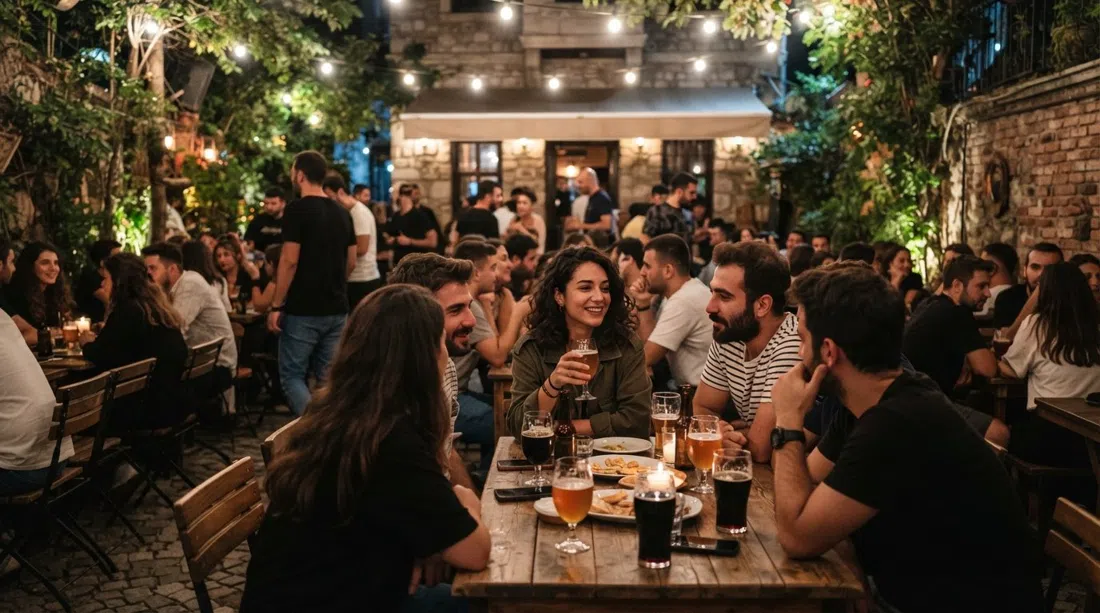 the hidden back garden at Joker No.19 on Beşiktaş Caddesi, crowded with young drinkers, craft beers and string-lit tables after dark