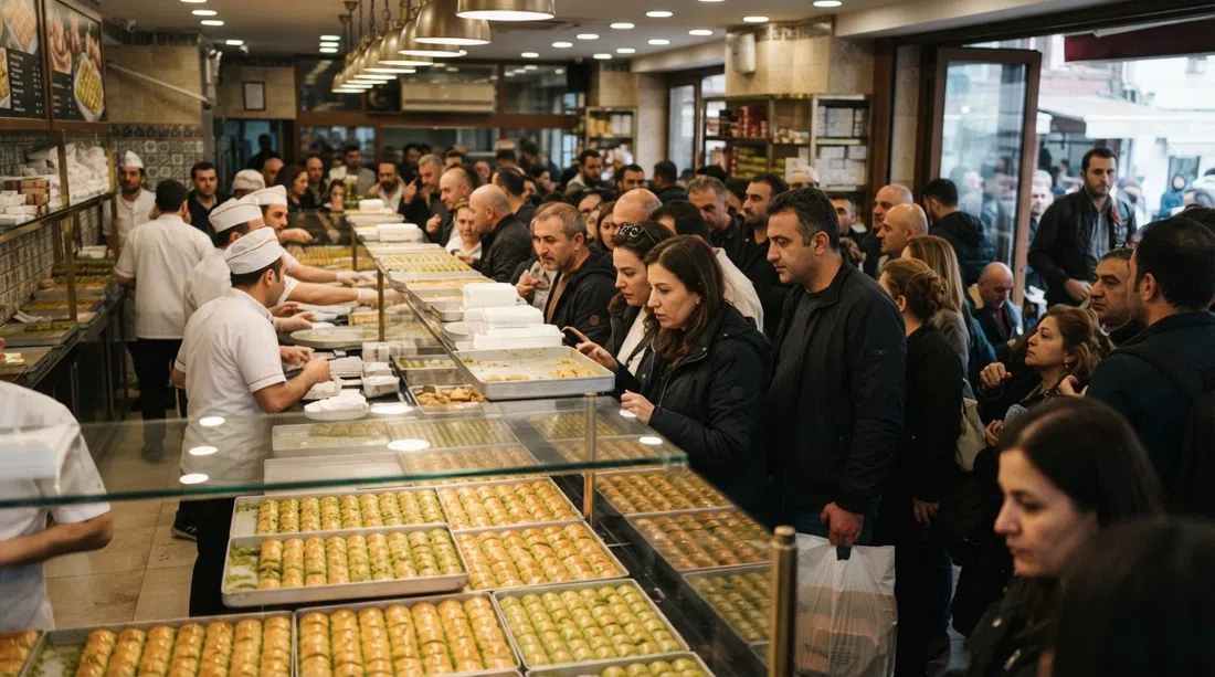 Karaköy Güllüoğlu on the Rıhtım, a standing crowd at the counter under bright shop lights with trays of pistachio baklava in the foreground