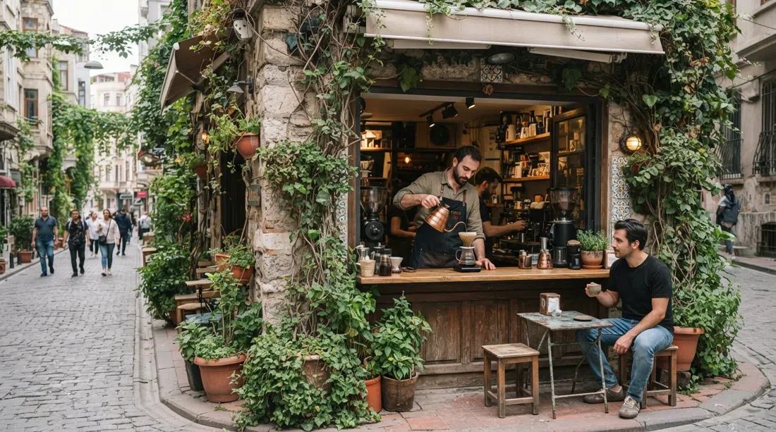 Kronotrop on a vine-covered Karaköy corner, a barista pouring a single-origin coffee beneath trailing greenery and old stone façades