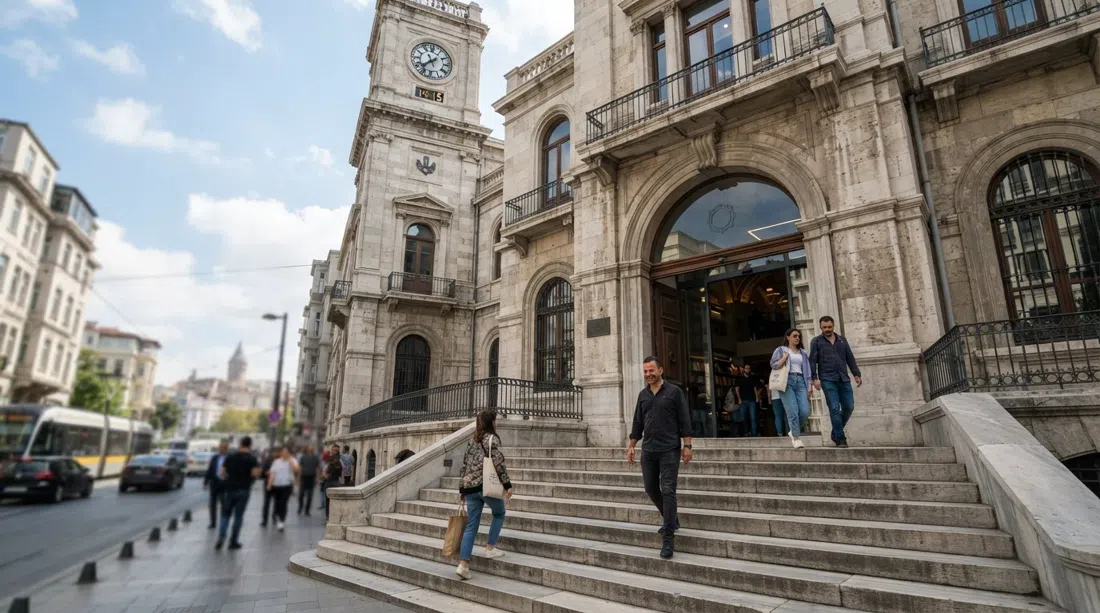 SALT Galata in the restored Ottoman Bank building, the stone façade and broad steps leading into the free cultural centre on a clear daytime street