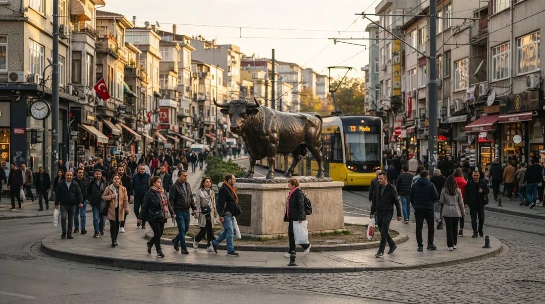 the bronze Bull Statue at Altıyol in Kadıköy, pedestrians circling the junction in late-afternoon light with market streets and tram wires around it