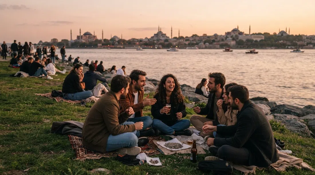 Moda seafront at sunset, locals sitting on the grassy shoreline with beer and sunflower seeds, the old-city domes across the Marmara in the distance
