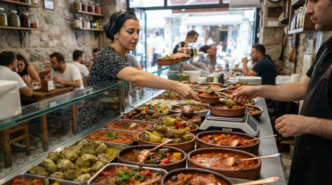 the counter at Çiya Sofrası on Güneşlibahçe Sokak, trays of regional mezes and stews under bright indoor light, hands choosing dishes by weight