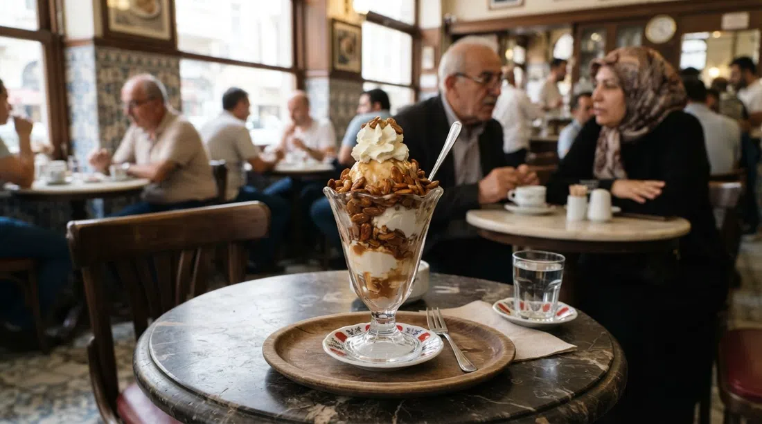 a tall Kup Griye at Baylan Pastanesi in a glass goblet, ice cream, caramelised almonds and Chantilly stacked neatly on a café table