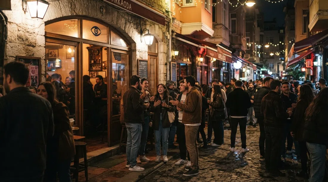 Arkaoda on Kadife Sokak at night, glowing windows, people gathered outside the café-bar entrance, the street dense with nightlife