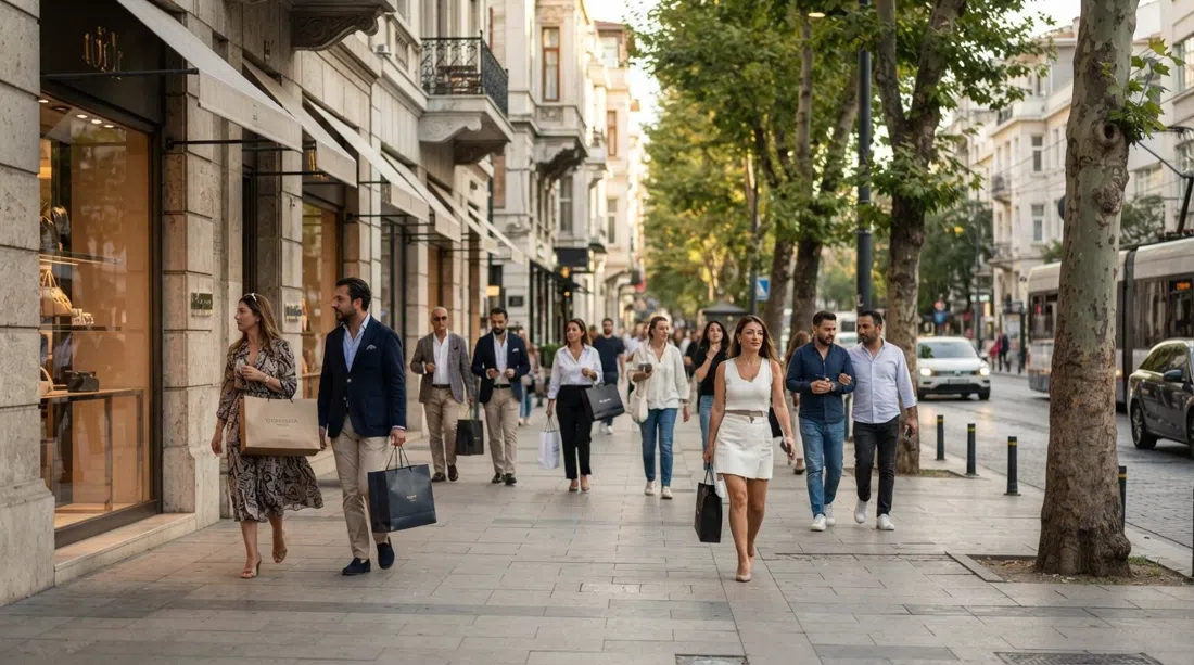 Abdi İpekçi Caddesi in Nişantaşı at late afternoon, luxury storefronts and tree-lined pavement with elegant pedestrians and designer bags