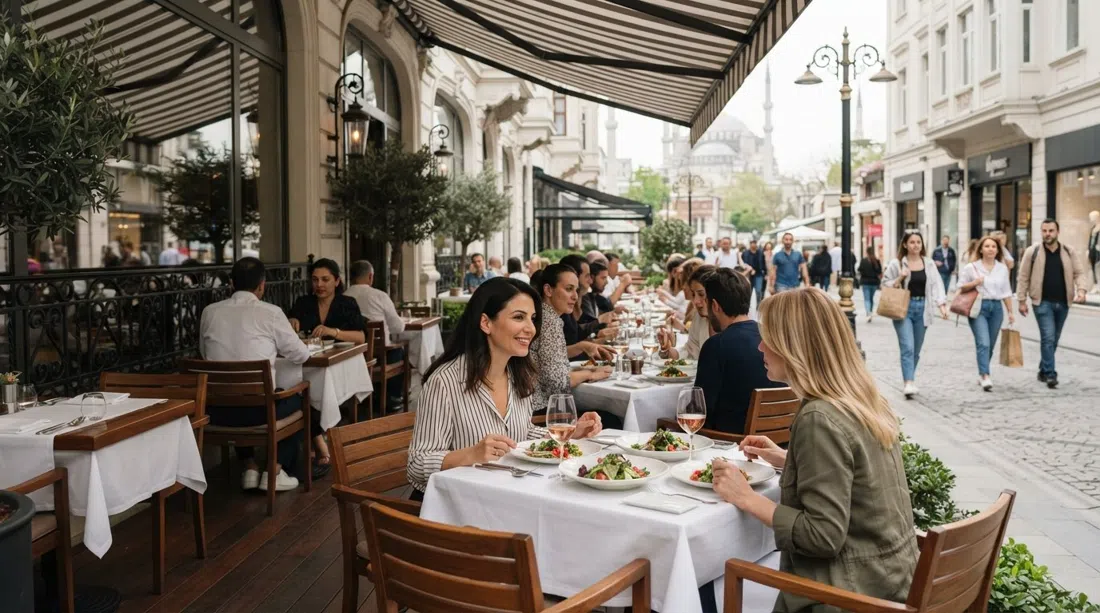 Beymen Brasserie terrace on Abdi İpekçi, polished tables facing the street with shoppers and lunch service in soft daylight