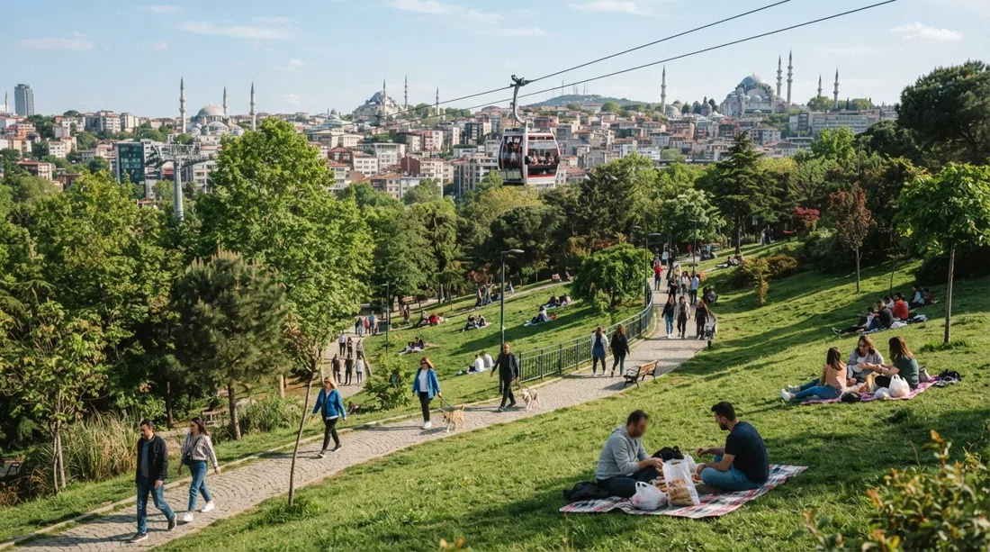 Maçka Democracy Park on a clear day, sloping lawns, picnic blankets, walkers and the cable car crossing the valley