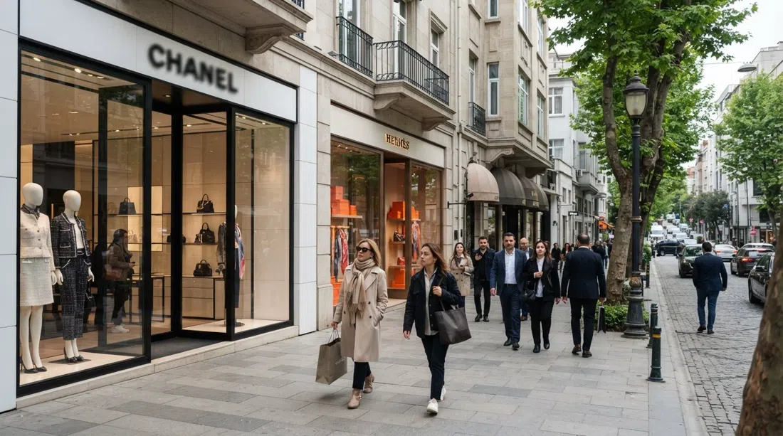 Abdi İpekçi Caddesi storefronts with Chanel and Hermès signs, polished windows and pedestrians on the most expensive retail street in Turkey