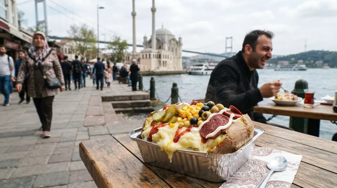 un kumpir d'Ortaköy dans un plateau en aluminium chargé de beurre, kaşar, pickles, maïs, olives et saucisse au bord de l'eau