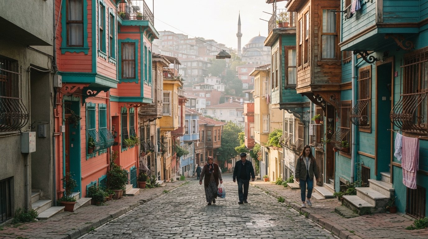 painted wooden terraces on Kiremit Caddesi in Balat, teal and coral facades climbing a steep cobbled street in soft morning light