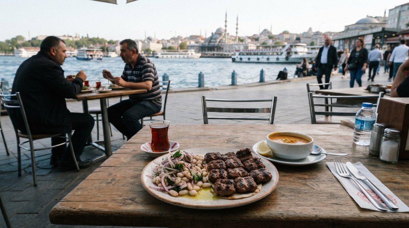 Köfteci Arnavut’s simple plate of square grilled köfte with piyaz and lentil soup on a no-nonsense table near the waterfront