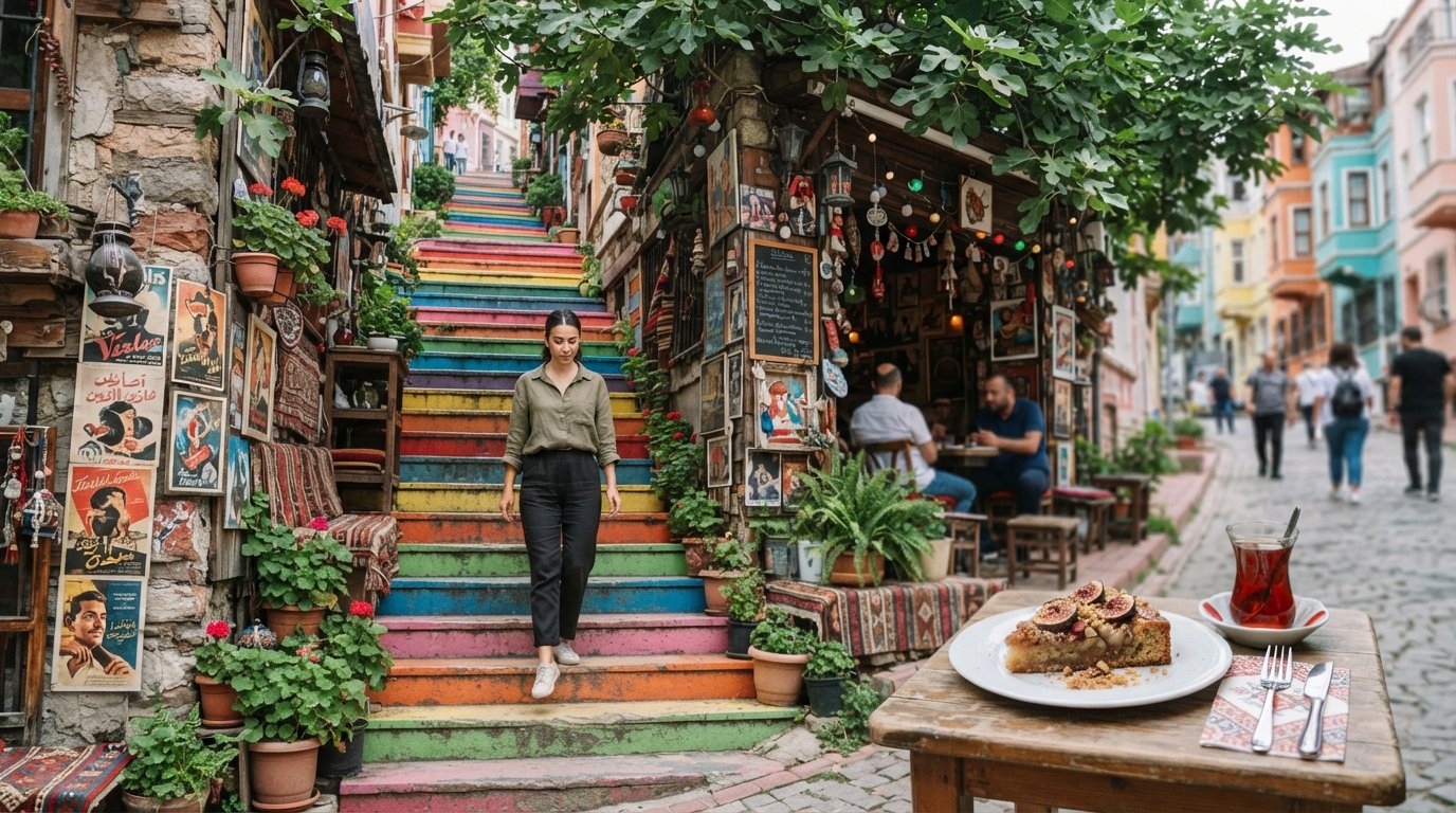 the rainbow steps beside İncir Ağacı Kahvesi, with the fig tree café frontage, film posters and a plate of fig cake in frame