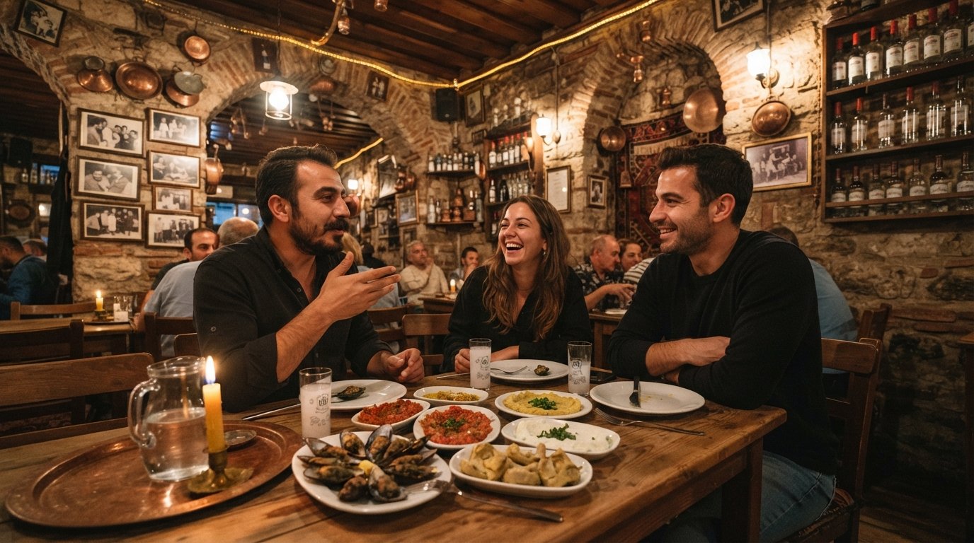 the candlelit interior of Agora Meyhanesi 1890, meze plates, rakı glasses and old stone walls under warm evening light