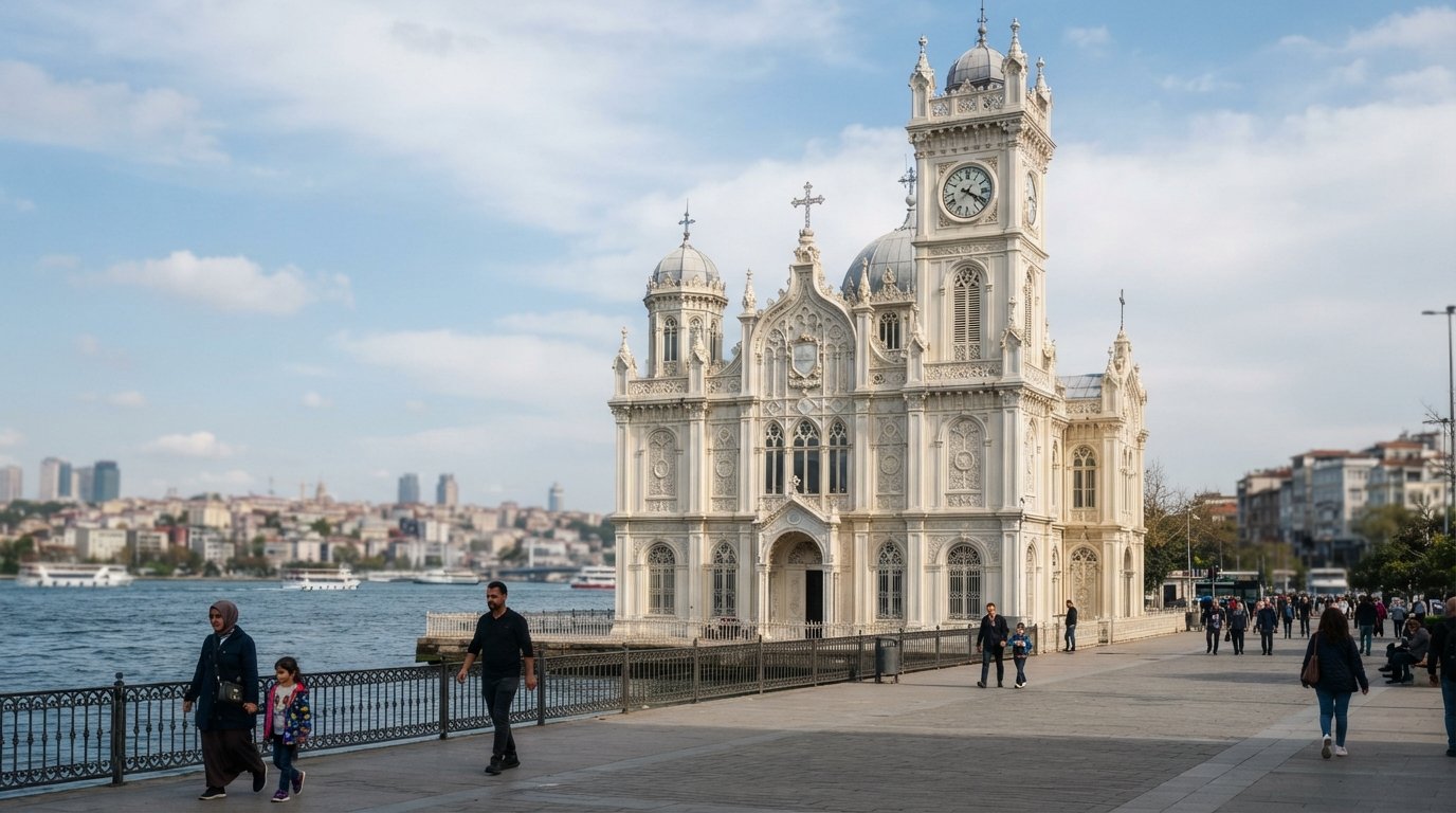 the cast-iron facade of the Bulgarian Church of St Stephen on the Golden Horn shore, gleaming pale in daylight