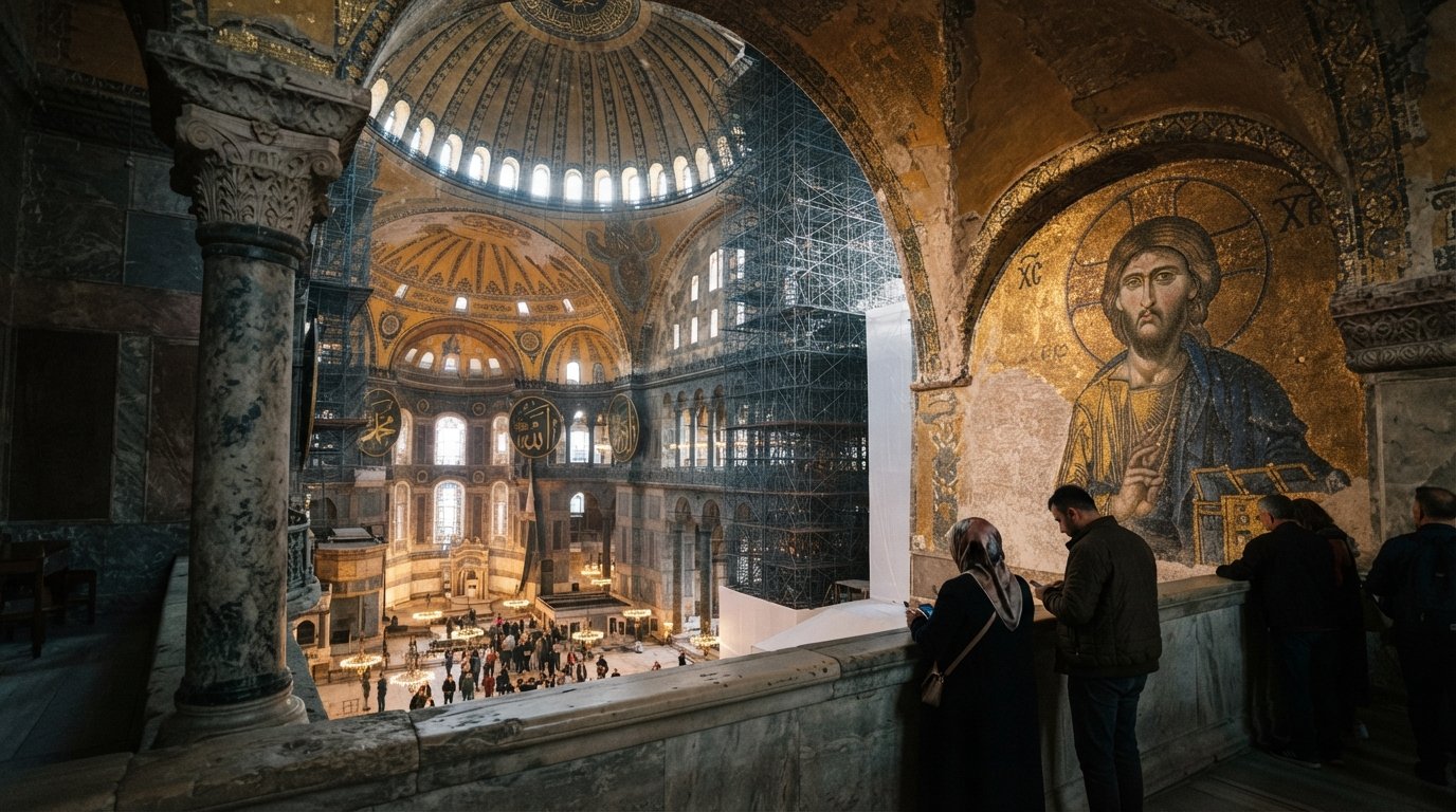 Hagia Sophia seen from the upper-gallery visiting area, with Byzantine mosaics in the foreground and the vast central dome rising behind late-afternoon scaffolding