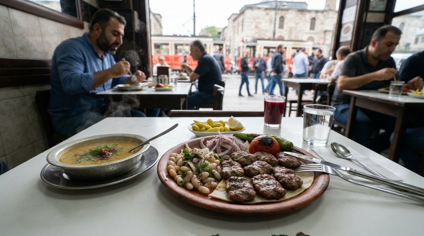 a plate of grilled beef köfte with piyaz, pickled peppers and lentil soup at Tarihi Sultanahmet Köftecisi Selim Usta, served simply on a white table by Divan Yolu