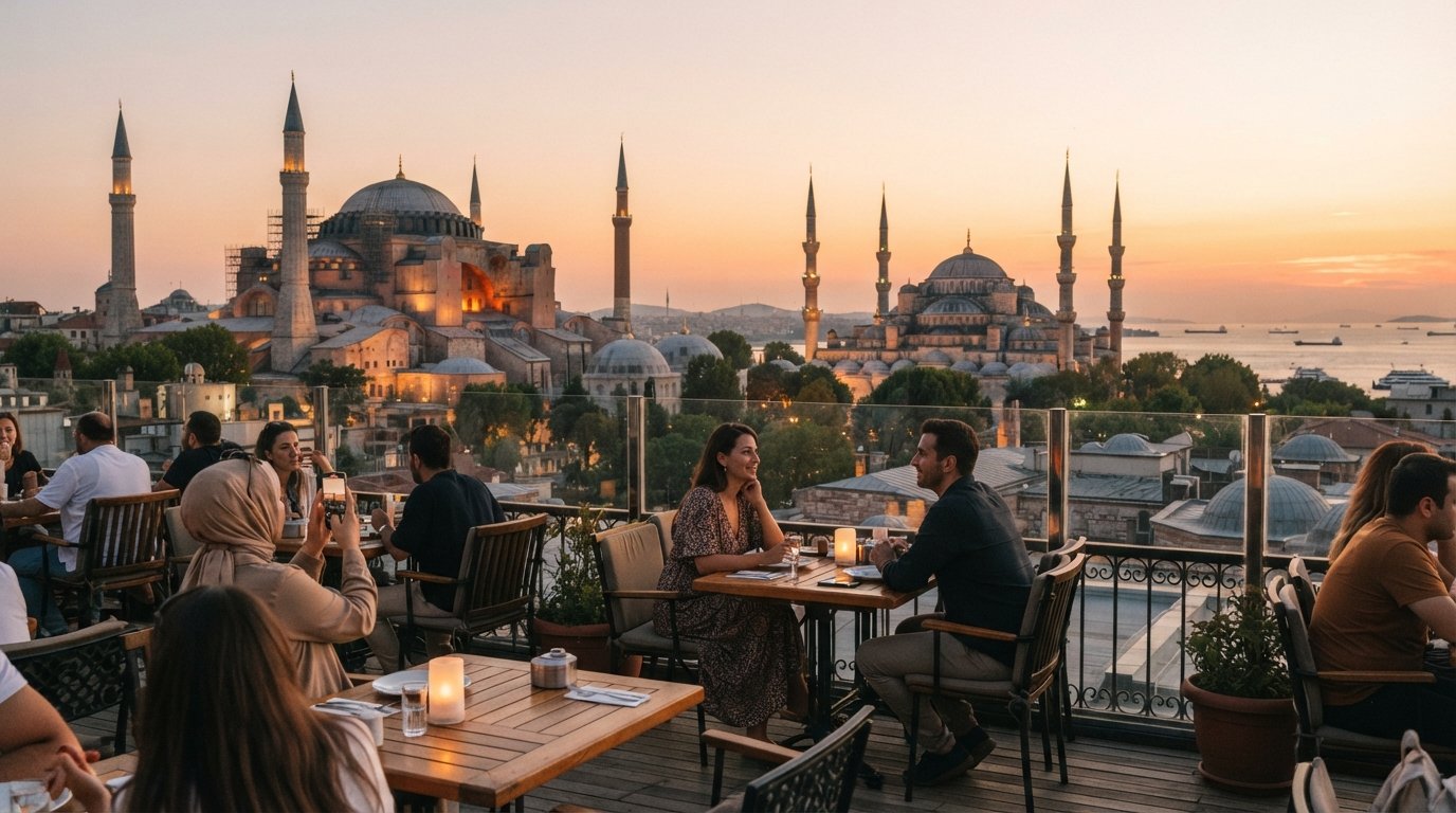 sunset from Seven Hills Restaurant rooftop, with Hagia Sophia, the Blue Mosque and the Marmara Sea all visible in warm light