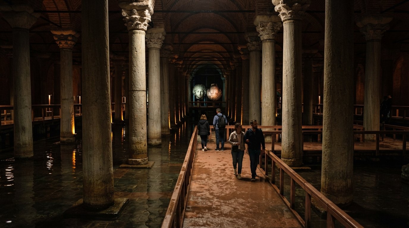 the Basilica Cistern interior with rows of stone columns reflected in shallow water and the Medusa heads lit dramatically in the distance