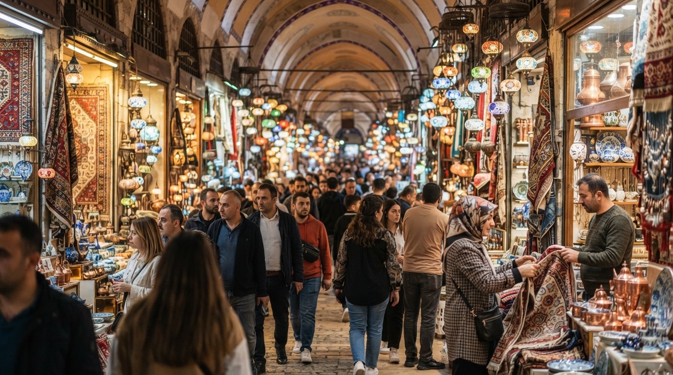 the covered lanes of the Grand Bazaar with hanging lamps, carpets and shopfronts under warm indoor light, seen from a crowded aisle
