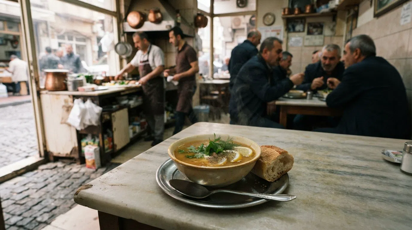 a plate of balık çorbası at Adem Baba, simple fish soup served in a no-frills seafood room with daylight from the street