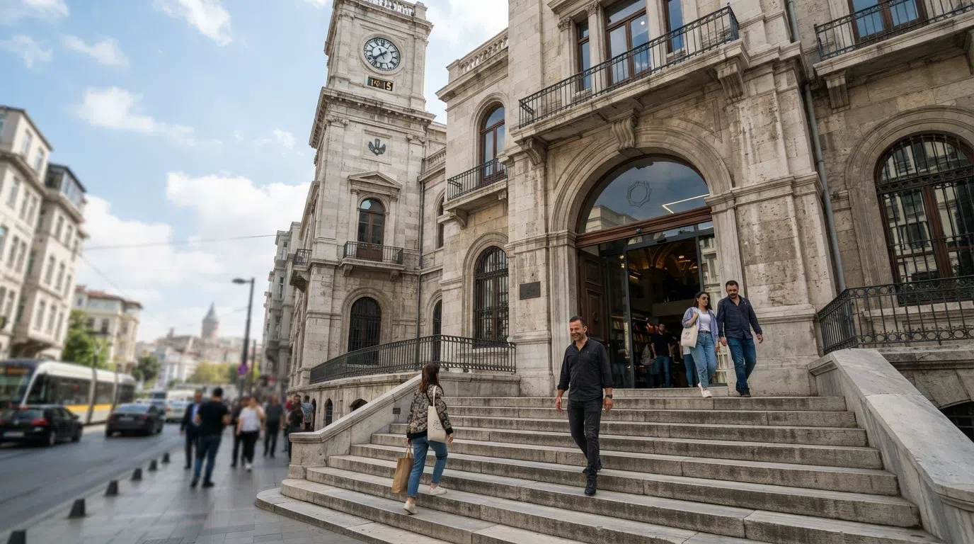 SALT Galata in the restored Ottoman Bank building, the stone façade and broad steps leading into the free cultural centre on a clear daytime street